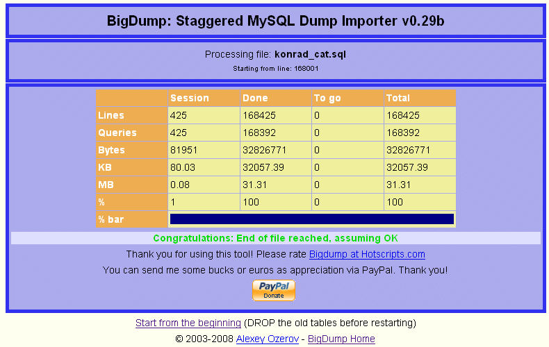 Загрузка больших дампов на хостинг через BigDump